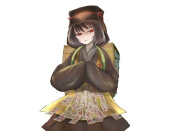 Rule 34 | 1girl, apron, black hair, box, brown hat, brown kimono, closed mouth, crossed arms, eyes visible through hair, game cg, hat, japanese clothes, kagetsumugi (mon-musu quest!), kimono, large variant set, light smile, mon-musu quest!, mon-musu quest: paradox, no pupils, nose, ofuda, partially shaded face, red eyes, red ribbon, ribbon, short hair, un do, variant set, yellow apron