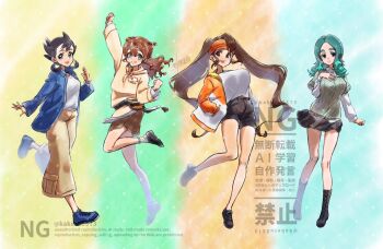 4girls alternate_costume alternate_hairstyle bare_legs black_hair brown_hair endou_mamoru full_body genderswap genderswap_(mtf) green_hair inamori_asuto inazuma_eleven_(series) inazuma_eleven_ares_no_tenbin inazuma_eleven_go inazuma_eleven_victory_road long_hair looking_at_viewer matsukaze_tenma multiple_girls sasanami_unmei shorts skirt twintails twitter