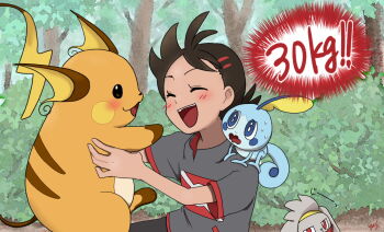 1boy black_hair blush closed_eyes dark_skin gen_1_pokemon gen_8_pokemon goh_(pokemon) grey_shirt holding holding_pokemon nintendo open_mouth pokemon pokemon_(anime) pokemon_(creature) pokemon_journeys raboot raichu shirt short_hair short_sleeves smile sobble teeth translation_request upper_body upper_teeth_only yas9_9