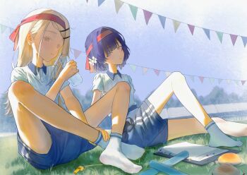 2girls absurdres blonde_hair blue_shorts blue_sky blunt_bangs blush bottle clipboard colored_eyelashes commentary_request crane666 earrings flipped_hair flower full_body gakuen_idolmaster gym_uniform hair_flower hair_ornament hairclip hand_up hataya_misuzu headband highres holding holding_bottle idolmaster indian_style jewelry knee_up long_hair looking_at_viewer looking_down mole mole_under_mouth multiple_girls no_shoes on_grass orange_eyes outdoors parallel_hairclips parted_bangs parted_lips purple_hair red_headband shade shinosawa_hiro shirt short_hair short_sleeves shorts sitting sky socks sports_festival string_of_flags striped_clothes striped_shorts stud_earrings sweat t-shirt tree water_bottle whistle white_flower white_shirt white_socks