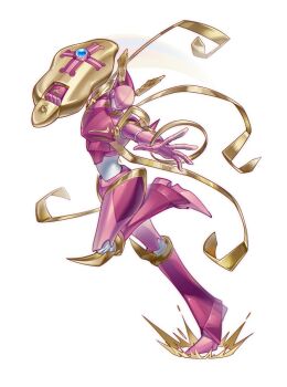 Rule 34 | armor, confeito000 333, digimon, digimon (creature), full body, helmet, holding, holding shield, lordknightmon, pink armor, pink helmet, ribbon, shield, simple background, white background, yellow ribbon