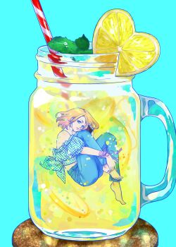 Rule 34 | 1girl, 3sanshokudango3, aqua nails, barefoot, blonde hair, blue background, blue eyes, blue pants, bow, cellphone, clip studio paint (medium), commentary, crop top, cup, denim, drinking straw, english commentary, floating hair, food, fruit, garnish, glass, green shirt, head on knee, head tilt, heart, highres, holding, holding phone, in container, in jar, jar, jeans, knees to chest, lemon, lemon slice, lemonade, looking at viewer, medium hair, off shoulder, original, pants, phone, pink nails, pink ribbon, plaid bow, plaid clothes, plaid shirt, puffy short sleeves, puffy sleeves, ribbon, shirt, shirt bow, short sleeves, smile, symbol-only commentary, underwater, white shirt