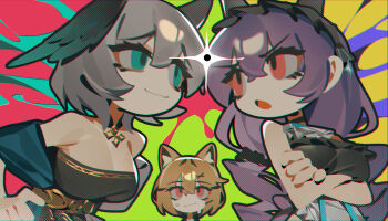 3girls angry animal_ears arknights black_dress black_one-piece_swimsuit breasts brown_hair commentary crossed_arms dress english_commentary frilled_one-piece_swimsuit frills ghost_(tama) gold_trim green_background green_eyes grey_hair head_wings highres ho&#039;olheyak_(arknights) ho&#039;olheyak_(carriage_of_the_winds_of_time)_(arknights) large_breasts leaning_forward lightning_glare looking_at_another multiple_girls one-piece_swimsuit open_mouth purple_hair red_background red_eyes shawl sleeveless sleeveless_dress strapless strapless_dress swimsuit trait_connection typhon_(arknights) typhon_(temperature_difference)_(arknights) upper_body utage_(arknights) wings yellow_background