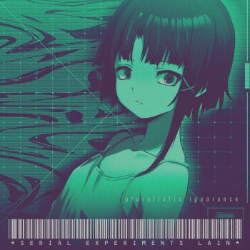 1girl asymmetrical_hair barcode closed_mouth commentary_request copyright_name english_text green_theme grid_background hair_ornament hairclip highres iwakura_lain kobaryo looking_at_viewer monochrome serial_experiments_lain short_hair sidelocks single_sidelock solo spaghetti_strap tank_top upper_body x_hair_ornament
