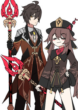 Rule 34 | 1boy, 1girl, ahoge, black hair, black hat, black nails, black pants, black shorts, blush, bow, bowtie, branch, brown eyes, brown hair, brown jacket, brown vest, chinese clothes, closed eyes, closed mouth, collared jacket, collared shirt, commentary request, cowboy shot, e.o., fingerless gloves, flower, formal clothes, gem, genshin impact, gloves, grey necktie, grey ribbon, grey shirt, hair between eyes, hand on own hip, hand up, hat, hat flower, hat ornament, highres, holding, holding polearm, holding weapon, hu tao (genshin impact), jacket, jewelry, lapels, long hair, long sleeves, looking at viewer, low twintails, mandarin collar, nail polish, necktie, pants, pendant, polearm, red bow, red bowtie, red flower, red shirt, shirt, short hair, short shorts, shorts, sidelocks, simple background, smile, spear, staff of homa (genshin impact), standing, suit, suit jacket, tassel, twintails, vest, vortex vanquisher (genshin impact), weapon, white background, wide sleeves, yellow gem, zhongli (genshin impact)