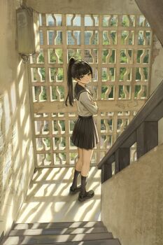 1girl absurdres backlighting black_hair black_shoes black_skirt black_socks brown_eyes cityscape commentary_request crossed_arms full_body highres hime_cut long_hair mole mole_on_cheek original pleated_skirt ponytail red_ribbon ribbon scenery school_uniform shirt shoes skirt socks solo stairs standing user_vvdr2237 white_shirt window_shadow