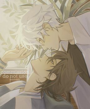 2boys artist_name black_eyes black_hair black_shirt blue_jacket blush brown_hair cheng_xiaoshi closed_mouth collared_shirt commentary commission couch english_commentary hair_between_eyes hand_up highres indoors jacket leaf long_sleeves looking_at_another lu_guang lying male_focus multicolored_jacket multiple_boys on_back on_couch open_clothes open_jacket parted_lips plant ponytail potted_plant profile shiguang_dailiren shirt short_hair short_ponytail sitting smile twitter_username undershirt upper_body watermark white_hair white_shirt window xiiverio yaoi yellow_jacket