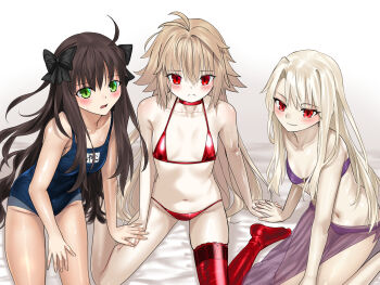 Rule 34 | 3girls, absurdres, arcueid brunestud, arima miyako, bikini, black shorts, blonde hair, blue notuki, blush, breasts, brown hair, company connection, crossover, eco-arc, fate/stay night, fate (series), green eyes, group picture, highres, illyasviel von einzbern, long hair, melty blood, micro bikini, multiple girls, navel, open mouth, purple bikini, red bikini, red eyes, school swimsuit, shorts, sitting, slit pupils, small breasts, smile, swimsuit, tsukihime, tsukihime (remake)