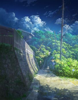 1girl blue_hair blue_skirt blue_sky brick_wall building cloud commentary cyclecircle day english_commentary fence forest grass grate highres hill house kneehighs moss nature necktie original outdoors path power_lines retaining_wall road scenery school_uniform shadow shirt sign skirt sky sky_focus socks solo stairs standing sunlight tree utility_pole very_wide_shot white_shirt