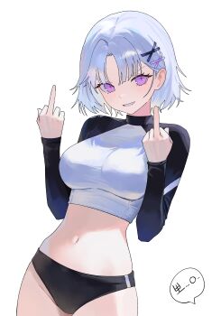 1girl absurdres ayatsuno_yuni black_shirt black_shorts blush breasts commentary_request crop_top cropped_shirt cross-shaped_pupils double_middle_finger hair_ornament hands_up highres korean_commentary large_breasts long_sleeves looking_at_viewer micro_shorts middle_finger multicolored_shirt navel nbee_ya open_mouth purple_eyes shirt short_hair shorts simple_background smile solo stellive stomach symbol-shaped_pupils teeth translation_request two-tone_shirt upper_body white_background white_hair white_shirt x_hair_ornament