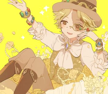 1boy :d blonde_hair blue_gemstone boots bow bowtie bracelet bridge_piercing brown_boots brown_eyes brown_pants commentary eric_knikki face_piercing fang feet_out_of_frame flower fold-over_boots gem hat identity_v jewelry light_blush male_focus monocle norton_campbell norton_campbell_(mining_director) official_alternate_costume open_mouth pants piercing ring rose scar scar_across_eye scar_on_face shirt sitting smile solo symbol-only_commentary three-quarter_sleeves vest white_bow white_bowtie white_shirt yellow_background yellow_flower yellow_rose yellow_theme yellow_vest