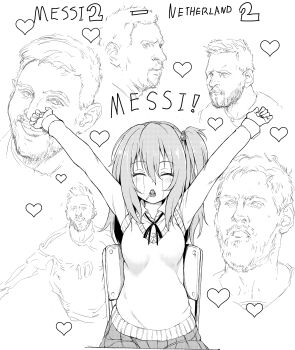 ! 1boy 1girl 2022 2022_fifa_world_cup absurdres age_difference argentina argentinian_flag blush breasts candy character_name character_request cheering closed_eyes eighth_note endou_aina facial_hair food food_in_mouth greyscale hair_between_eyes hair_bobbles hair_ornament happy highres kyokucho lionel_messi looking_to_the_side lovely_aina-chan medium_breasts monochrome multiple_views musical_note original plaid_clothes plaid_skirt pleated_skirt real_life realistic side_ponytail sidelocks simple_background sitting sketch skirt smile soccer spoken_musical_note standing sweat sweater tears world_cup