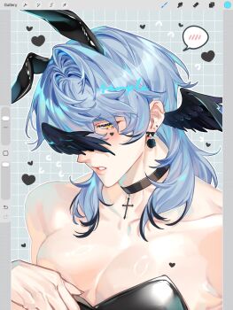 1boy alternate_hair_color alternate_wing_color art_program_in_frame black_choker black_hair black_leotard black_wings blue_hair blush choker collarbone colored_tips commentary cross cross_choker crossdressing crossdressing_(mtf) embarrassed head_wings heart highres honkai:_star_rail honkai_(series) leotard looking_at_viewer male_focus male_playboy_bunny multicolored_hair no_halo pectorals portrait rourouki solo spoken_blush sunday_(honkai:_star_rail) wings yellow_eyes