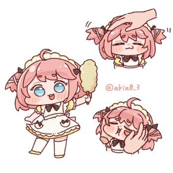 Rule 34 | 1girl, :3, ahoge, akin0 3, apron, arm up, black bow, black bowtie, blue eyes, blush, bow, bowtie, cheek squash, chibi, closed eyes, commentary request, crepe (trickcal), cropped torso, duster, full body, headpat, highres, holding, holding duster, looking at viewer, maid apron, maid headdress, multiple views, pink hair, short twintails, simple background, socks, solo focus, standing, teeth, trickcal, twintails, twitter username, upper teeth only, white background, white socks