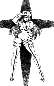 1girl abs boots breasts cardigan covered_erect_nipples full_body groove1121 hat highres kill_la_kill long_hair open_cardigan open_clothes original suzuki_(kill_la_kill) thigh_boots