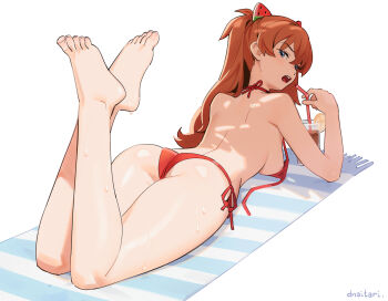 1girl areola_slip artist_name ass barefoot beach_towel bikini blue_eyes blush breasts come_hither commentary cup curvy dnaitari drinking_glass drinking_straw english_commentary feet feet_up food food-themed_hair_ornament fruit full_body hair_between_eyes hair_ornament hand_up highres legs lemon lemon_slice long_hair looking_at_viewer looking_back lying medium_breasts neon_genesis_evangelion on_ground on_stomach orange_hair red_bikini shadow simple_background solo souryuu_asuka_langley swimsuit the_pose thighs thong thong_bikini toenails toes topless_female towel watermelon_hair_ornament wet white_background wide_hips