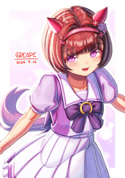 animal_ears blunt_bangs blush bow bowtie breasts brown_hair collarbone commentary_request creape ear_covers hair_ornament hairband highres horse_ears horse_girl horse_tail looking_at_viewer nishino_flower_(umamusume) open_mouth pink_hairband pleated_skirt puffy_short_sleeves puffy_sleeves purple_bow purple_bowtie purple_eyes purple_shirt sailor_collar sailor_shirt school_uniform shirt short_hair short_sleeves skirt small_breasts smile tail tracen_school_uniform umamusume white_sailor_collar white_skirt x_hair_ornament