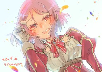 Rule 34 | 1girl, apron, belt, birthday, bow, breasts, collared dress, commentary, crying, dated, dress, freckles, frilled apron, frilled dress, frills, from side, full body, hair ornament, hairclip, hand in own hair, happy birthday, kakegane meguri, lisbeth (sao), long sleeves, looking at viewer, medium breasts, petals, pink hair, puffy long sleeves, puffy sleeves, red bow, red dress, red eyes, short hair, sidelocks, smile, striped bow, sword art online, tears, thigh belt, thigh strap, translated, white background, wrist cuffs