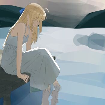 Rule 34 | 1girl, ahoge, artoria pendragon (fate), aruremo1129, bare shoulders, barefoot, blonde hair, blue bow, bow, breasts, bridge, closed mouth, commentary request, covered eyes, day, dress, fate/stay night, fate (series), from side, full body, gradient sky, hair bow, hair over eyes, highres, huge ahoge, lake, long hair, morning, mountain, outdoors, pink sky, reflection, reflective liquid, saber (fate), sidelocks, sitting, sky, sleeveless, sleeveless dress, small breasts, smile, solo, white dress, white sky