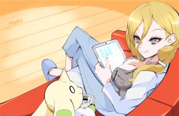 Rule 34 | 1girl, blonde hair, blue pants, breasts, coach, coat, crossed legs, digimon, digimon (creature), digimon story: time stranger, eyelashes, grey shirt, highres, lab coat, large breasts, looking at another, medium hair, monica simmons, notepad, open clothes, open coat, pants, shirt, sitting, supermondobeat, tablet pc, terriermon, terriermon joshu, white coat, yuuki kanan