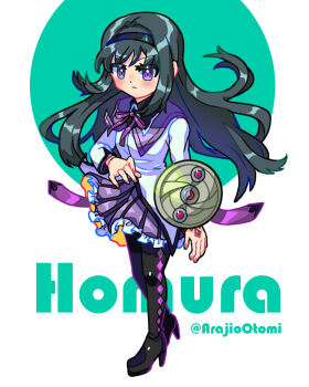 Rule 34 | 1girl, akemi homura, akemi homura (magical girl), arajiootomi, argyle clothes, argyle thighhighs, artist name, black hair, black shoes, blush, breasts, character name, closed mouth, commentary request, dress, floating hair, green background, green circle, high heels, highres, invisible floor, long hair, looking at viewer, magical girl, mahou shoujo madoka magica, purple eyes, purple skirt, shield, shoes, skirt, small breasts, solo, soul gem, two-tone background, white background, white dress