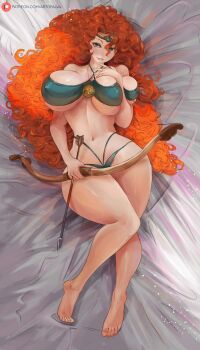 1girl absurdres aged_up alva_(artofalva) arrow_(projectile) artist_name barefoot blue_eyes bow_(weapon) breast_press breasts covered_erect_nipples curly_hair disney disney_princess full_body headgear highres huge_breasts jewelry large_breasts legs long_hair looking_at_viewer lying merida_(brave) midriff navel necklace on_back orange_hair patreon_username revealing_clothes seductive_smile smile thick_thighs thighs watermark weapon wide_hips