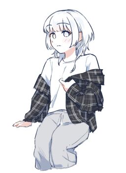 1girl bang_dream! bang_dream!_it&#039;s_mygo!!!!! black_jacket blue_eyes closed_mouth commentary grey_pants heterochromia highres invisible_chair jacket kaname_raana medium_hair nekohige0123 pants shirt simple_background sitting solo symbol-only_commentary white_background white_hair white_shirt yellow_eyes