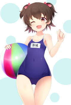 1girl akagi_miria aru_(arudes) black_hair blue_one-piece_swimsuit blush brown_eyes brown_hair covered_navel flat_chest gluteal_fold hair_bobbles hair_ornament highres idolmaster idolmaster_cinderella_girls multiple_girls name_tag old_school_swimsuit one-piece_swimsuit one_eye_closed open_mouth pear-shaped_figure petite school_swimsuit shiny_skin short_hair smile solo standing swimsuit thigh_gap wide_hips
