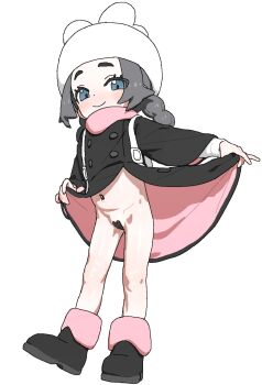 1girl ansha_(pokemon) azmira1534815 black_coat black_hair blue_eyes blush bottomless closed_mouth coat eyelashes hat heart_maebari highres leg_warmers lifting_own_clothes loli long_hair long_sleeves looking_at_viewer maebari nintendo pink_leg_warmers pink_scarf pokemon pokemon_legends:_z-a scarf smile solo stomach white_bag white_hat winter_clothes winter_coat