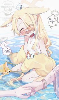 3girls ^_^ above-cleavage_cutout absurdly_long_tail anger_vein animal animal_ear_fluff animal_ears animal_on_head asymmetrical_bangs bangle bare_legs bird bird_on_head blonde_hair blue_archive blush bracelet breasts casual_one-piece_swimsuit closed_eyes closed_mouth clothing_cutout covered_navel cross_halo diamond_cutout dot_nose extra_ears eye_visible_through_hair eyes_visible_through_hair fingernails floppy_ears flying_sweatdrops fox_ears fox_girl fox_tail hair_over_one_eye halo highleg highleg_one-piece_swimsuit highres holding_another's_hand holding_hands jacket jacket_partially_removed jewelry loli long_hair long_sleeves masshirokachi mika_(blue_archive) multiple_girls nagisa_(blue_archive) nagisa_(swimsuit)_(blue_archive) no_headwear off_shoulder official_alternate_costume on_head one-piece_swimsuit open_mouth orange-tinted_eyewear out_of_frame seia_(blue_archive) seia_(swimsuit)_(blue_archive) shallow_water side_ponytail sitting small_breasts smile solo_focus spoken_expression spoken_flying_sweatdrops spoken_sweatdrop sweatdrop swimsuit tail tail_ornament thighs tinted_eyewear tit_(bird) very_long_hair visor_cap wariza water wet white_one-piece_swimsuit yellow_halo yellow_jacket yellow_visor