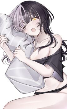 1girl :o alternate_costume black_hair black_nails black_panties black_shirt blunt_bangs breasts cleavage collarbone commentary cowboy_shot cropped_shirt english_commentary gradient_nails grey_hair grey_nails highres hololive hololive_english hugging_object large_breasts long_hair looking_at_viewer midriff multicolored_hair nail_polish navel off_shoulder one_eye_closed open_mouth panties pillow pillow_hug rosheil shiori_novella shirt short_sleeves simple_background single_bare_shoulder solo split-color_hair tearing_up two-tone_hair underwear virtual_youtuber white_background yawning yellow_eyes