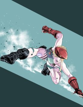 Rule 34 | 1girl, absurdres, beret, black boots, blonde hair, blue eyes, bodypaint, boots, braid, breasts, cammy white, clenched hand, closed mouth, commentary request, debris, dust cloud, dynamic pose, fingerless gloves, gloves, green background, green leotard, hand on floor, hat, highres, large breasts, leotard, matsubara toshi, outstretched arms, pouch, red gloves, red hat, solo, street fighter, thigh pouch, thigh strap