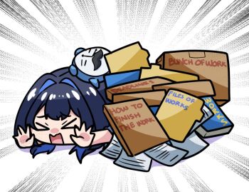 Rule 34 | > <, 1girl, alarm clock, blue hair, book, box, cardboard box, chibi, clock, closed eyes, commentary, emphasis lines, english commentary, english text, fake facial hair, fake mustache, folder, furrowed brow, hair intakes, hololive, hololive english, imadoki, kronie (ouro kronii), lying, on stomach, open mouth, ouro kronii, paper, solo, virtual youtuber