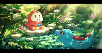 Rule 34 | bright pupils, commentary, day, egg, fangs, flower, fuecoco, gen 2 pokemon, grass, letterboxed, nintendo, no humans, open mouth, outdoors, pokemon, pokemon (creature), pokemon focus, red eyes, saino misaki, symbol-only commentary, totodile, water, white pupils