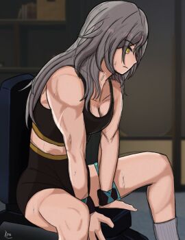 absurdres bare_arms biceps black_sports_bra exercising grey_hair highres honkai:_star_rail honkai_(series) kaosi1 muscular muscular_female scar sports_bra sportswear stelle_(honkai:_star_rail) sweat sweatdrop thighs trailblazer_(honkai:_star_rail) yellow_eyes
