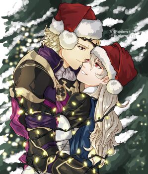 Rule 34 | 1boy, 1girl, absurdres, blonde hair, christmas, christmas lights, commission, couple, female corrin (fire emblem), fire emblem, fire emblem fates, grey hair, hat, hetero, highres, hug, looking at another, nintendo, red eyes, santa hat, sierra117renner, xander (fire emblem)