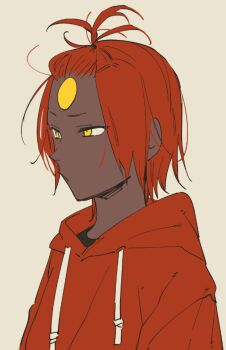 Rule 34 | 1boy, alternate costume, alternate hairstyle, ashwatthama (fate), commentary request, dark-skinned male, dark skin, drawstring, expressionless, facial mark, fate/grand order, fate (series), forehead mark, hair up, kokujin youhei, looking ahead, male focus, solo, topknot, upper body, yellow eyes