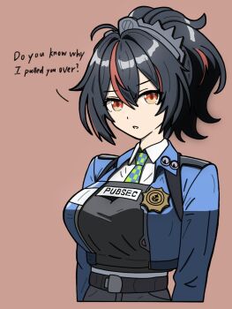 Rule 34 | 1girl, black hair, blue jacket, breasts, checkered necktie, commentary, cropped torso, english commentary, english text, green necktie, hairband, hibarakirari, highres, jacket, large breasts, looking at viewer, metal hairband, multicolored hair, necktie, parted lips, police, police uniform, policewoman, ponytail, red eyes, red hair, simple background, solo, streaked hair, zenless zone zero, zhu yuan