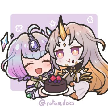 2girls blonde_hair blush border cake chibi chibi_only chocolate_cake closed_eyes colored_inner_hair commentary cropped_torso english_commentary fire_emblem fire_emblem_heroes food food_on_face grey_background grey_hair gullveig_(fire_emblem) horns multicolored_hair multiple_girls nintendo open_mouth outside_border rotomdocs seidr_(fire_emblem) single_horn smile two-tone_hair white_border yellow_eyes yellow_horns