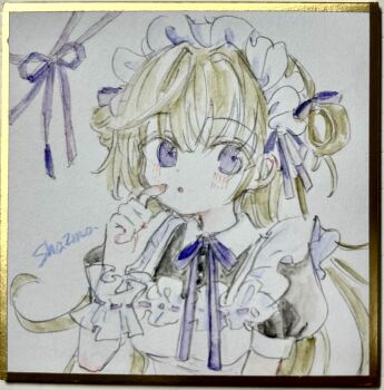 1girl :o apron black_dress blonde_hair blush dress finger_to_mouth frilled_apron frills hair_between_eyes hand_up highres long_hair looking_at_viewer maid maid_apron maid_headdress original parted_lips photo_(medium) puffy_short_sleeves puffy_sleeves purple_eyes sha2mo shikishi short_sleeves signature solo traditional_media upper_body very_long_hair white_apron