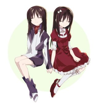 Rule 34 | 2girls, ^ ^, black hair, boots, bow, closed eyes, cropped jacket, dress, frills, hair bow, hairband, holding hands, invisible chair, long hair, long sleeves, minashiro orihime, minashiro tsubaki, mother and child, mother and daughter, multiple girls, nakanishi tamaki, parent and child, puffy sleeves, red dress, sitting, skirt, smile, socks, soukyuu no fafner, uniform, white background, white legwear, yri ll