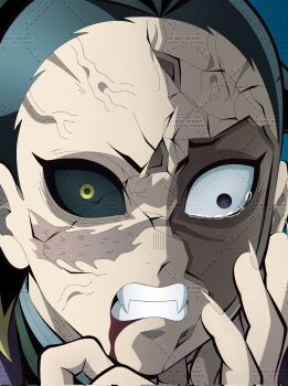 1boy black_eyes black_hair blood blood_from_mouth broken_mask cracked_kawaii_mask fangs fingernails hands_up highres kimetsu_no_yaiba laffytaffy male_focus mask mohawk scar scar_on_face sharp_fingernails shinazugawa_genya short_hair tears teeth veins yellow_eyes