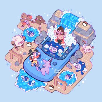 Rule 34 | 2boys, artist name, backwards hat, black hair, brown hair, chuck (pokemon), commentary, espeon, ethan (pokemon), facial hair, fence, game boy, game boy color, gen 1 pokemon, gen 2 pokemon, handheld game console, hat, highres, hitmonchan, hitmonlee, holding, holding poke ball, jacket, leaphere, male focus, mankey, multiple boys, nintendo, pants, poke ball, poke ball (basic), pokemon, pokemon (creature), pokemon gsc, poliwag, poliwhirl, poliwrath, primeape, shoes, shorts, sparkle, standing, topless male, water, waterfall, wooden floor, yellow shorts