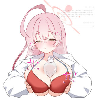 1girl ahoge bikini blue_archive blush bottle cropped_torso green_eyes half-closed_eyes halo hanako_(blue_archive) highres long_hair long_sleeves looking_at_viewer pink_hair pink_halo pyosunyi red_bikini request_inset shirt simple_background simulated_paizuri solo swimsuit translation_request white_background white_shirt
