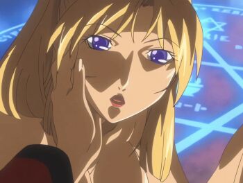 00s 1girl 2007 animated animated_gif back bible_black bible_black_new_testament blonde_hair breasts earrings hand_on_another&#039;s_cheek hand_on_another&#039;s_face high_ponytail jewelry large_breasts lipstick magic_circle makeup ponytail purple_eyes ritual saeki_kaori shin_bible_black smile sweat tagme