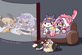 5girls ahoge animal_ears blonde_hair cape chewing chibi chibi_only closed_mouth commentary couch dog_girl dog_tail eating english_commentary english_text enigmatic_recollection fake_facial_hair fake_mustache feeding film_reel food from_side gigi_murin goggles goggles_on_head grey_background hair_flaps hat highres hololive hololive_english koseki_bijou long_hair lying mochigome_(h0_pj) mococo_abyssgard multicolored_hair multiple_girls ninomae_ina'nis on_back on_couch on_floor open_mouth orange_hair panther_ears panther_girl panther_tail pink_hair pleading_eyes popcorn purple_hair raora_panthera short_hair sitting streaked_hair tail tears tentacle_hair tongue tongue_out top_hat virtual_youtuber watching_television
