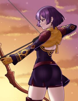 1girl arrow_(projectile) ass back bernadetta_von_varley bernadetta_von_varley_(timeskip) bow_(weapon) breasts cloud cloudy_sky dress earrings fire_emblem fire_emblem:_three_houses from_behind gloves gradient_sky grey_eyes highres holding holding_bow_(weapon) holding_weapon jewelry knee_guards long_sleeves looking_to_the_side nintendo novasvr orange_sky outdoors purple_dress purple_hair short_hair sky solo sunset twilight twitter_username weapon yellow_gloves
