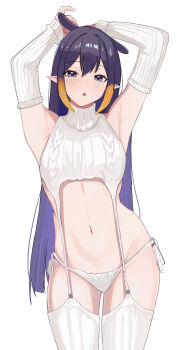 1girl alternate_costume armpits arms_up bare_shoulders breasts chestnut_mouth commentary detached_sleeves english_commentary fang garter_straps gradient_hair highres hololive hololive_english ku_roiko long_hair looking_at_viewer multicolored_hair navel ninomae_ina&#039;nis open_mouth orange_hair panties pointy_ears purple_eyes purple_hair ribbed_panties ribbed_sleeves ribbed_sweater ribbed_thighhighs side-tie_panties sidelocks simple_background sleeveless sleeveless_sweater sleeveless_turtleneck small_breasts solo stomach sweater tentacle_hair thighhighs turtleneck turtleneck_sweater underwear virgin_destroyer_sweater virtual_youtuber white_background white_garter_straps white_panties white_sweater white_thighhighs
