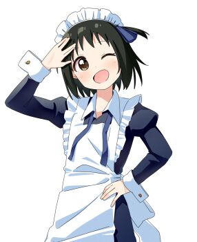 1girl ;d apron arashiyama_hotori arm_up black_dress black_hair blue_ribbon blush brown_eyes collared_dress commentary_request commission dot_nose dress frilled_apron frills hair_ribbon hand_on_own_hip haru_(konomi_150) highres juliet_sleeves long_sleeves looking_at_viewer maid maid_headdress neck_ribbon one_eye_closed one_side_up open_mouth pixiv_commission puffy_sleeves ribbon salute short_hair simple_background smile solo soredemo_machi_wa_mawatteiru undone_neck_ribbon upper_body vulcan_salute white_apron white_background