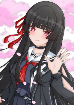 1girl absurdres arm_cutout black_hair black_serafuku black_shirt black_skirt blush breasts chisa_(wuthering_waves) closed_mouth clothing_cutout commentary_request hair_ribbon hand_up highres long_hair long_sleeves looking_at_viewer medium_breasts neckerchief partial_commentary red_eyes red_neckerchief red_ribbon ribbon sailor_collar school_uniform serafuku shirt skirt smile solo tama_es45_nyan upper_body waving white_sailor_collar wuthering_waves